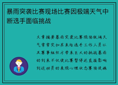暴雨突袭比赛现场比赛因极端天气中断选手面临挑战