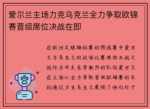 爱尔兰主场力克乌克兰全力争取欧锦赛晋级席位决战在即
