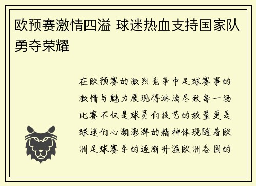 欧预赛激情四溢 球迷热血支持国家队勇夺荣耀