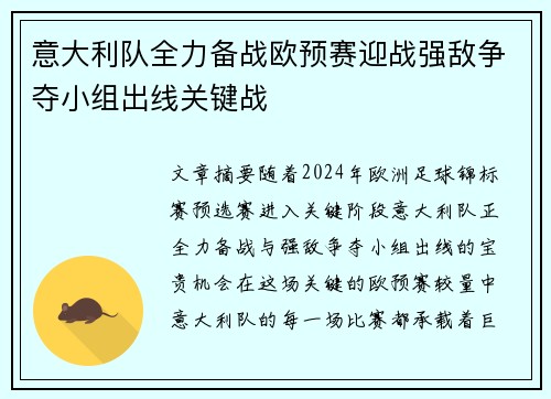 意大利队全力备战欧预赛迎战强敌争夺小组出线关键战