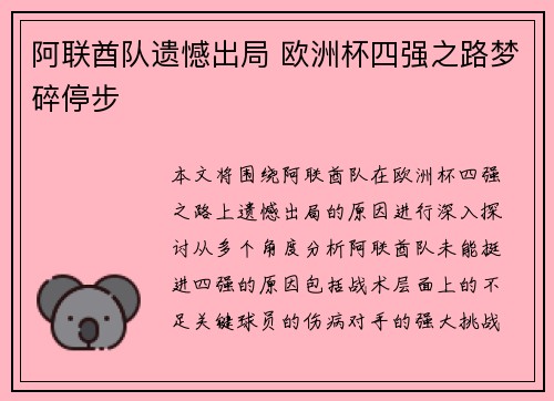 阿联酋队遗憾出局 欧洲杯四强之路梦碎停步