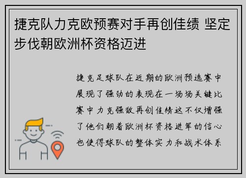 捷克队力克欧预赛对手再创佳绩 坚定步伐朝欧洲杯资格迈进