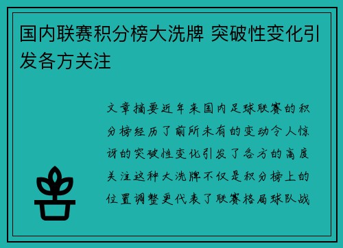 国内联赛积分榜大洗牌 突破性变化引发各方关注