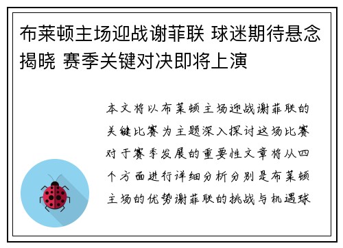 布莱顿主场迎战谢菲联 球迷期待悬念揭晓 赛季关键对决即将上演