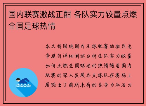国内联赛激战正酣 各队实力较量点燃全国足球热情