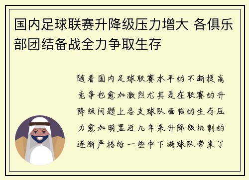 国内足球联赛升降级压力增大 各俱乐部团结备战全力争取生存
