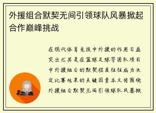 外援组合默契无间引领球队风暴掀起合作巅峰挑战
